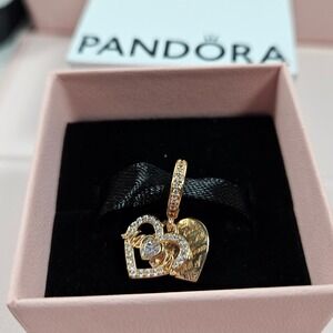 Authentic Pandora Rose Gold Two-Heart Mom Dangle Charm 789374C01 with Box